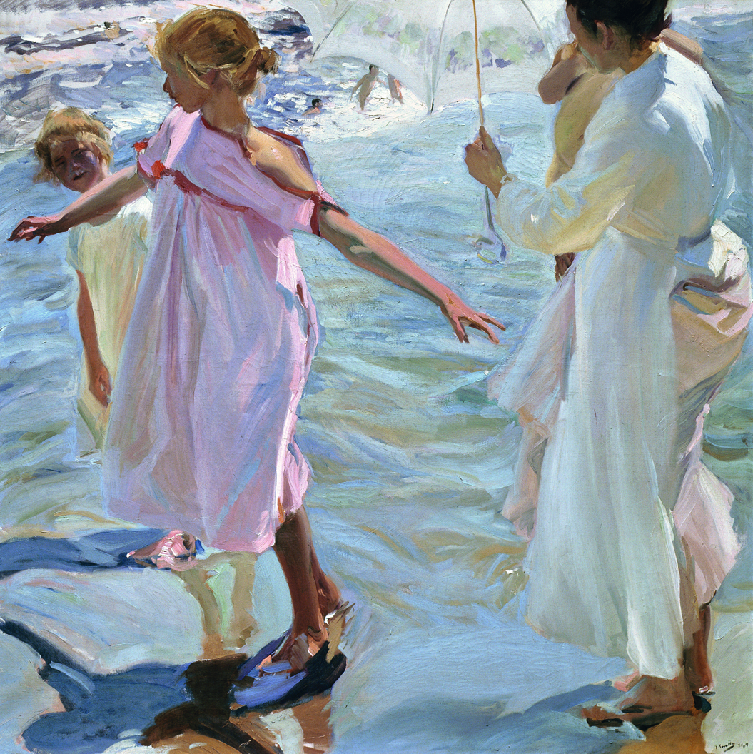 Gemälde von Joaquín Sorolla „Niñas en el mar“ (1909): Mädchen in hellen Gewändern waten im flachen Meerwasser
